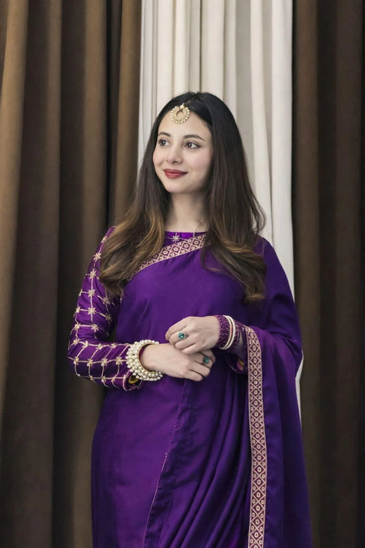 Purple Shamoz Silk Saree Set with Embroidery for Women