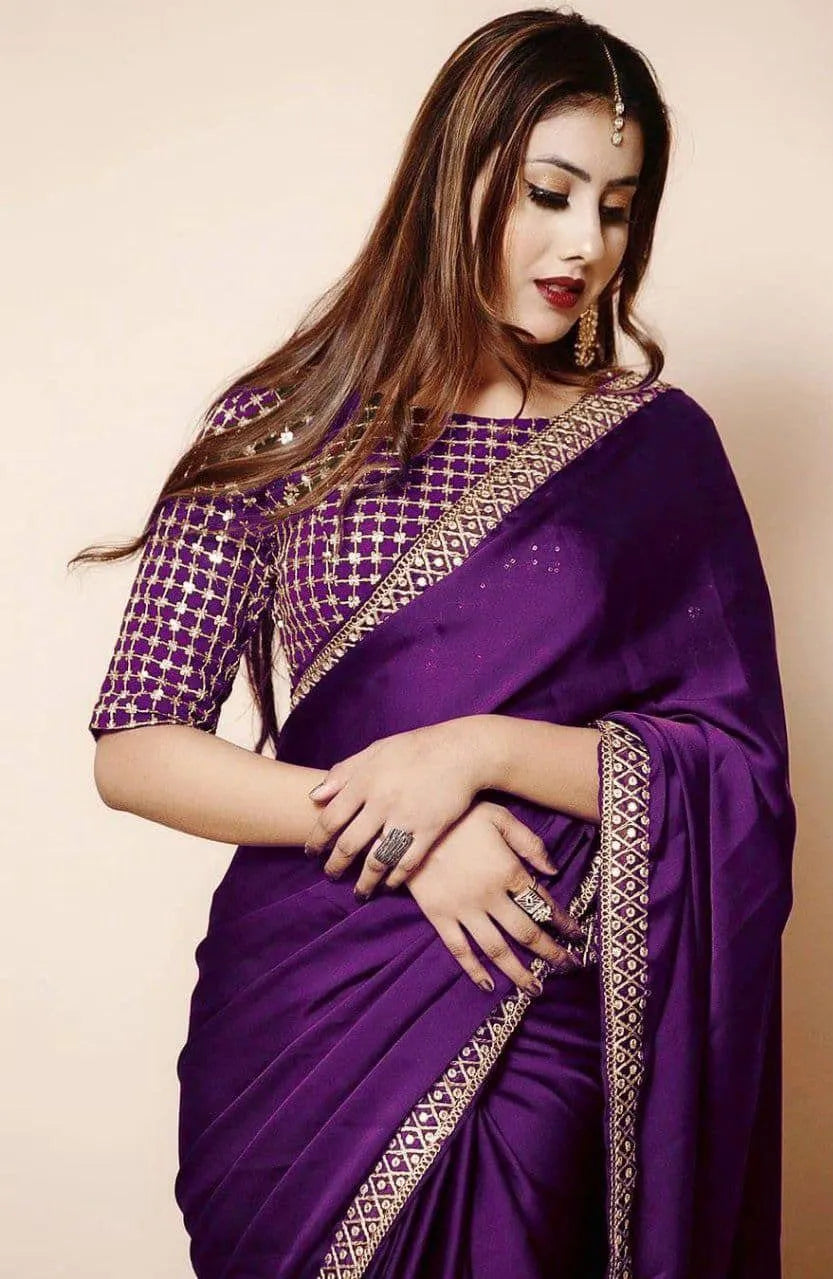 Purple Shamoz Silk Saree Set with Embroidery for Women