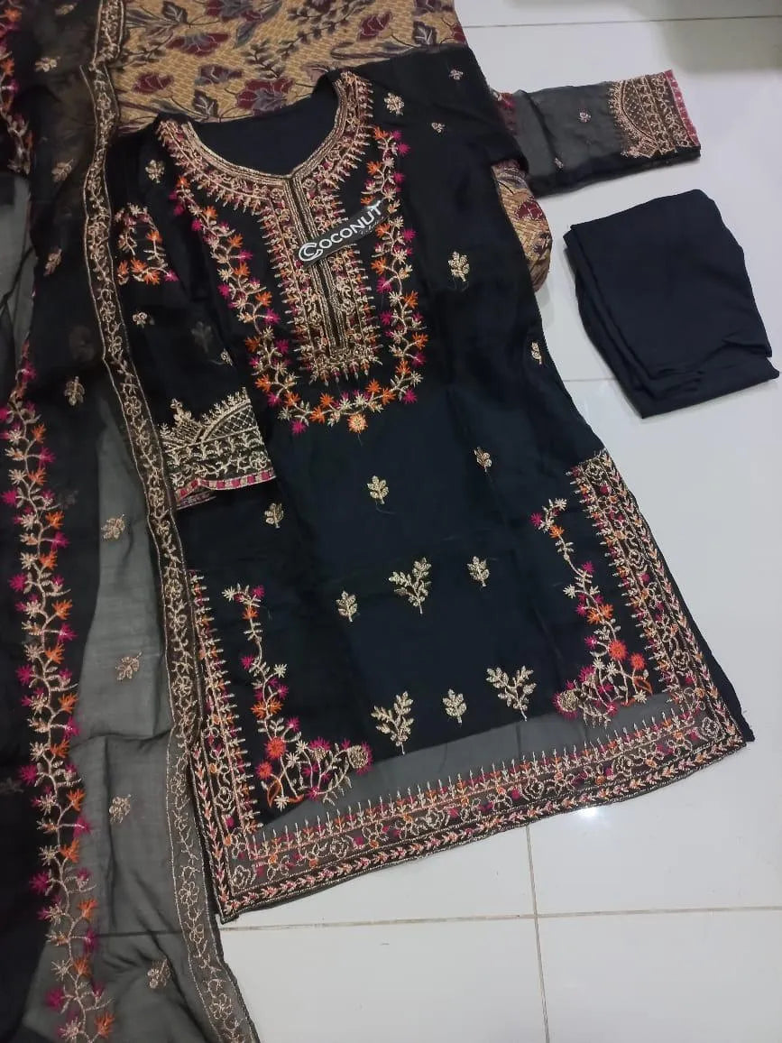 Black Embroidered 3-Piece Women Suit Eid Party Wear
