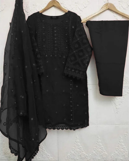Black Embroidered 3-Piece Suit for Women