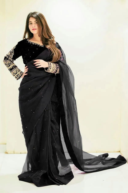 Black Chiffon 3-Piece Saree Set for Eid & Weddings