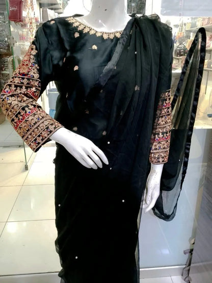 Black Chiffon 3-Piece Saree Set for Eid & Weddings