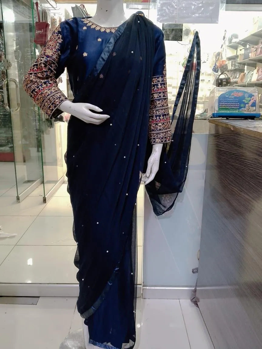 Blue Chiffon Saree Set with Pearls for Eid & Weddings