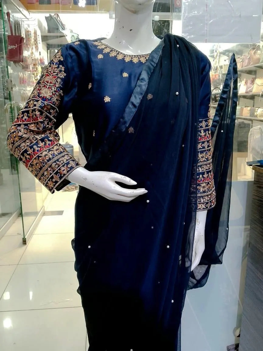 Blue Chiffon Saree Set with Pearls for Eid & Weddings