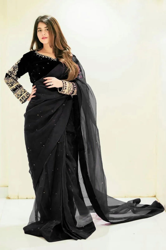 Black Chiffon 3-Piece Saree Set for Weddings Eid Parties