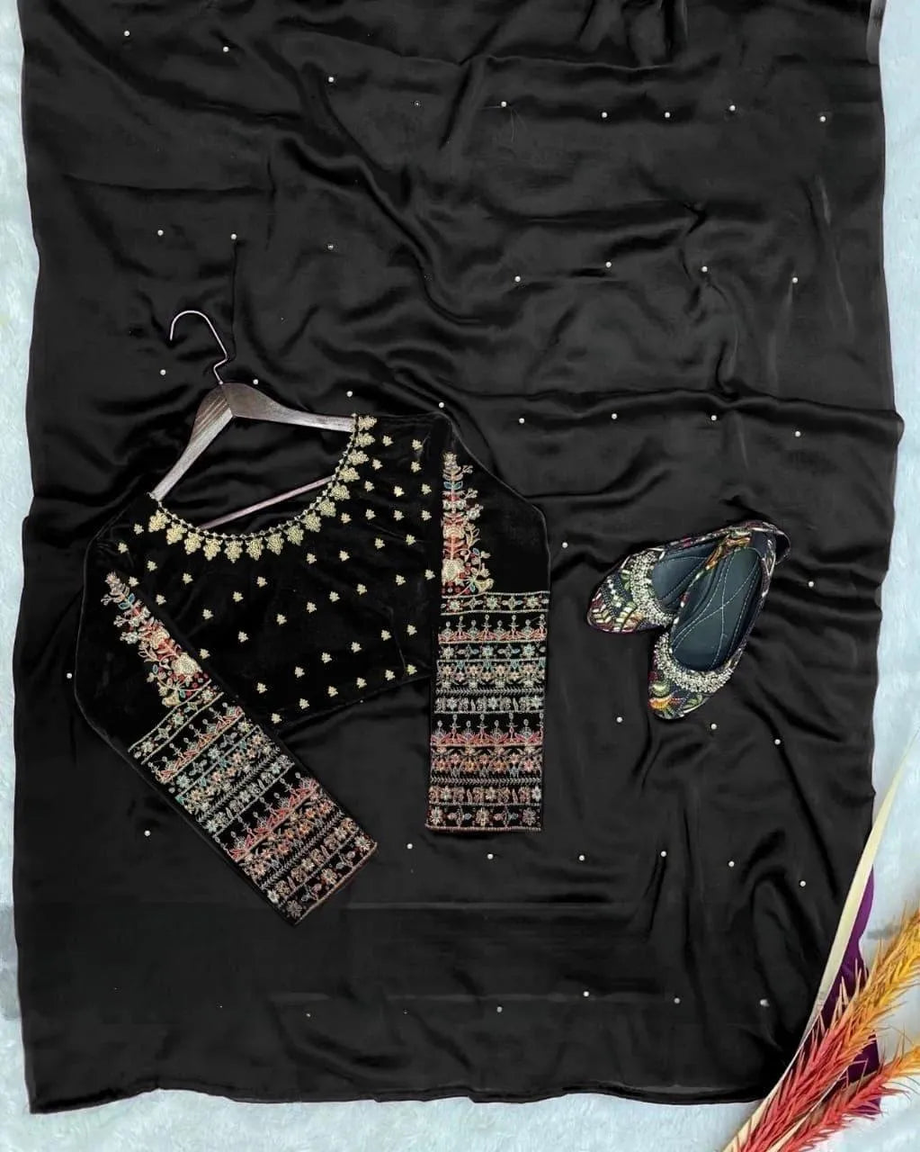 Black Chiffon 3-Piece Saree Set for Weddings Eid Parties
