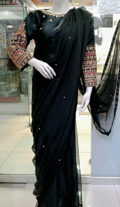 Black Chiffon 3-Piece Saree Set for Weddings Eid Parties