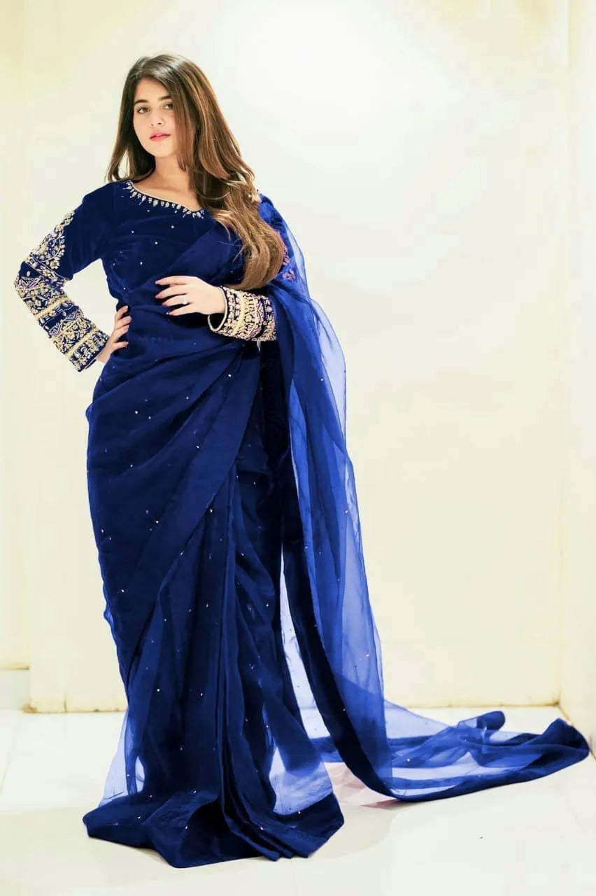Blue Chiffon Embroidered Saree Set with Blouse & Petticoat