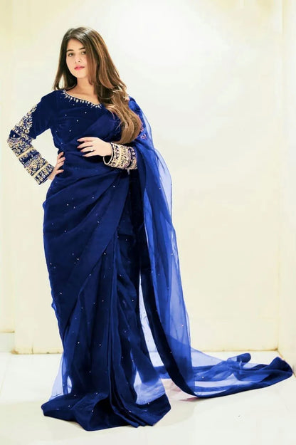 Blue Chiffon Embroidered Saree Set with Blouse & Petticoat