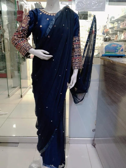 Blue Chiffon Embroidered Saree Set with Blouse & Petticoat