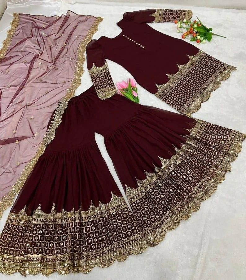Maroon Embroidered 3Pcs Shamoz Silk Suit