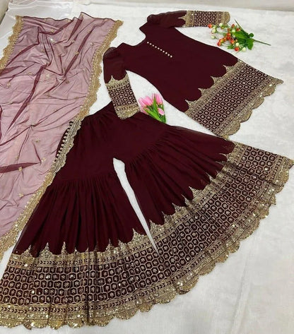 Maroon Embroidered 3Pcs Shamoz Silk Suit