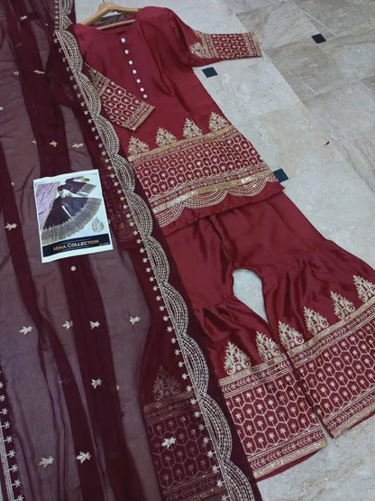 Maroon Embroidered 3Pcs Shamoz Silk Suit