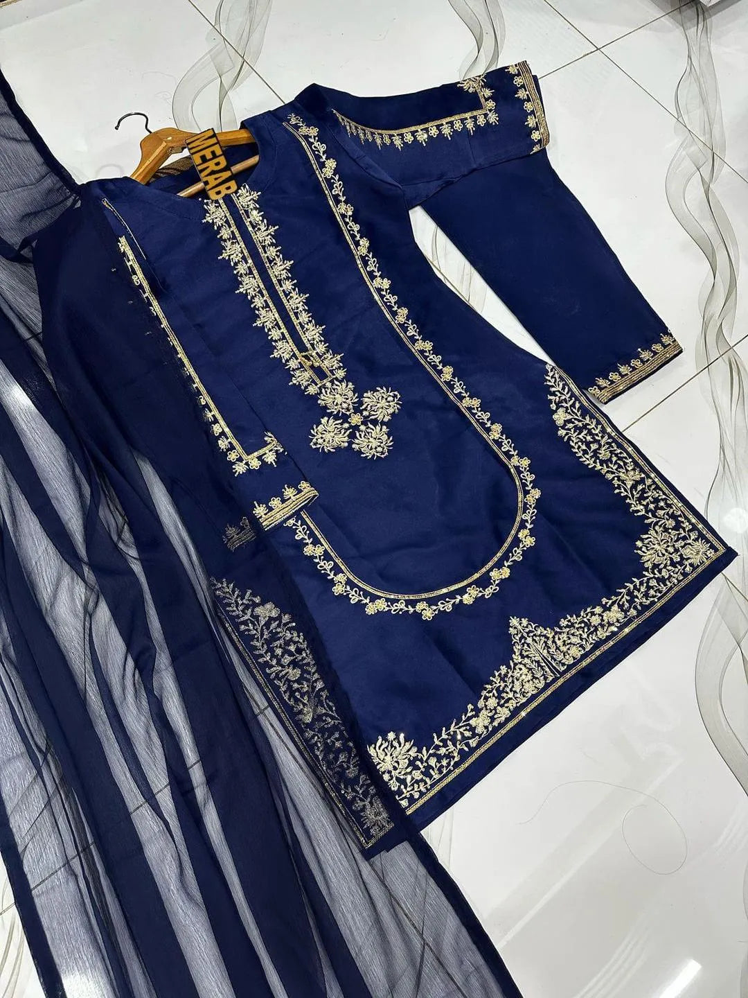 Blue Embroidered 3-Piece Shamoz Silk Suit for Women
