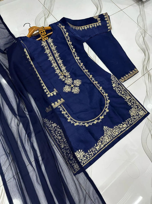 Blue Embroidered 3-Piece Shamoz Silk Suit for Women