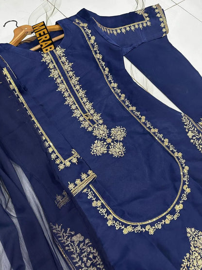 Blue Embroidered 3-Piece Shamoz Silk Suit for Women