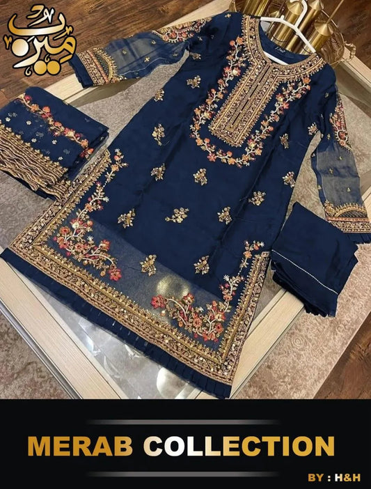 Navy Blue Organza 3-Piece Suit for Eid & Weddings