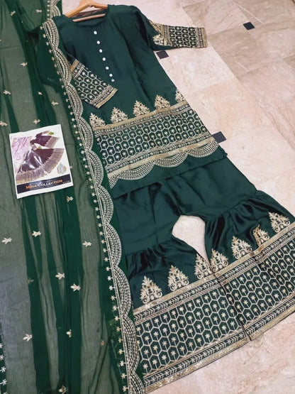 Green Shamoz Silk 3-Piece Wedding Suit with Gold Embroidery