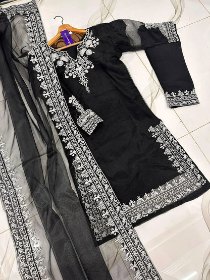 Black Embroidered 3-Piece Suit for Women