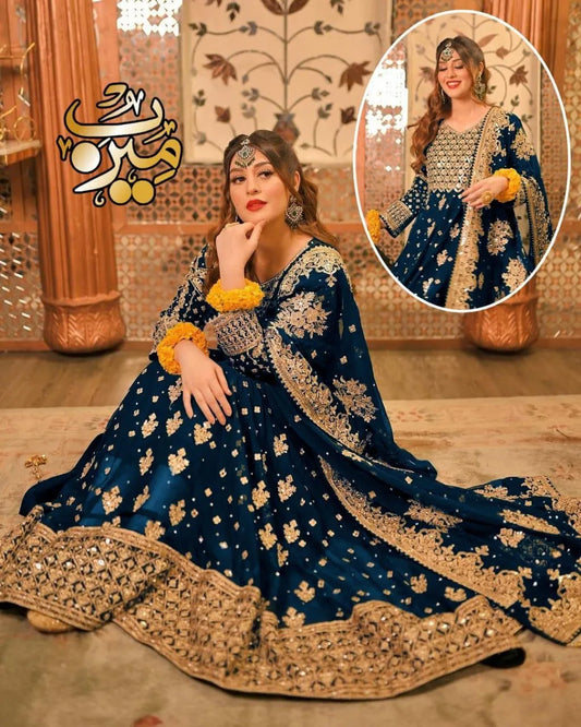 Blue Chiffon Embroidered 3-Piece Pakistani Wedding Suit