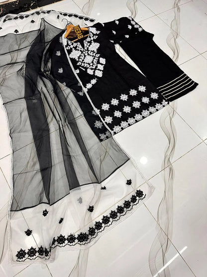 Black Embroidered 3Pcs Cotton Set with Organza Dupatta