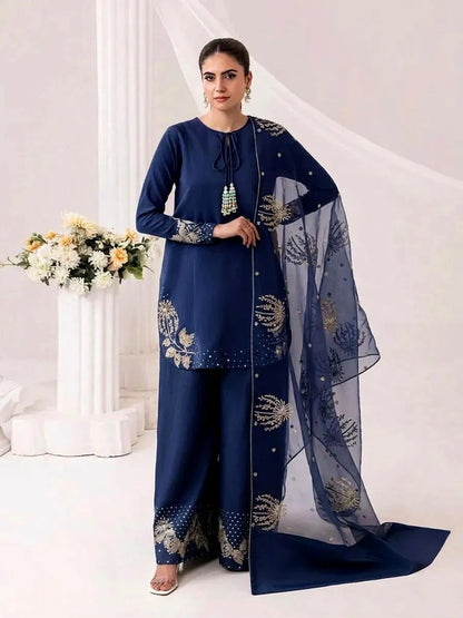 Blue Sequin Embroidered 3Pcs Women Suit Set