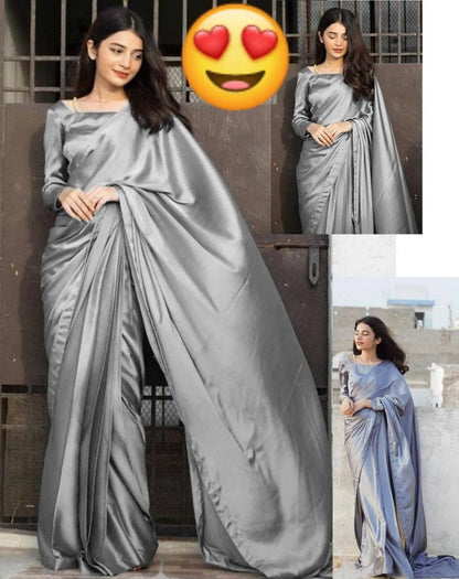 Grey Shamoz Silk Saree with Blouse for Weddings Parties