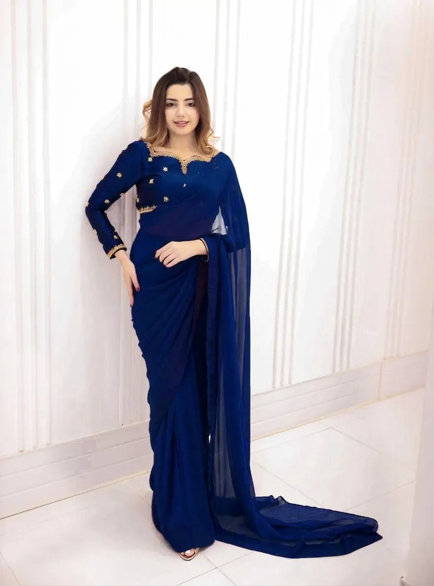 Ready to Wear Chiffon Saree with Embroidered Silk Blouse & Silk Petticoat – 7 Yards Stitched Party Wear Saree for Women
