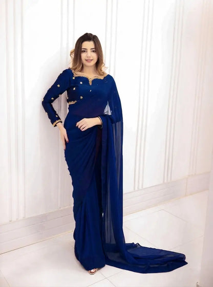 Ready to Wear Chiffon Saree with Embroidered Silk Blouse & Silk Petticoat – 7 Yards Stitched Party Wear Saree for Women