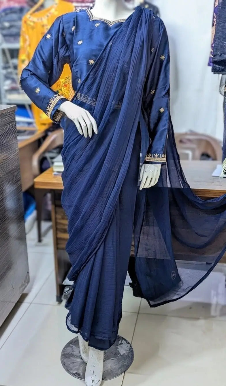 Ready to Wear Chiffon Saree with Embroidered Silk Blouse & Silk Petticoat – 7 Yards Stitched Party Wear Saree for Women