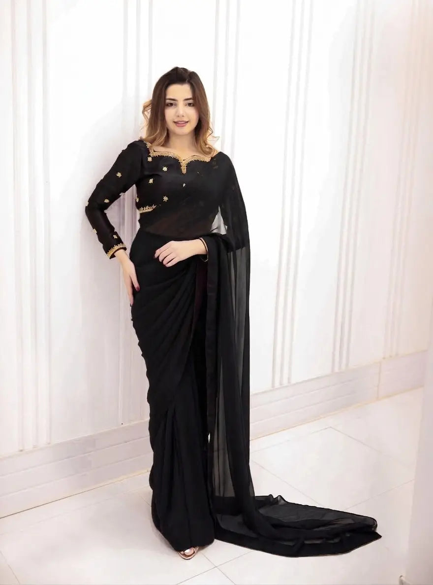 Ready to Wear Chiffon Saree with Embroidered Silk Blouse & Silk Petticoat – 7 Yards Stitched Party Wear Saree for Women