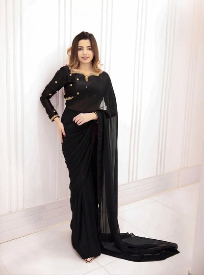 Ready to Wear Chiffon Saree with Embroidered Silk Blouse & Silk Petticoat – 7 Yards Stitched Party Wear Saree for Women