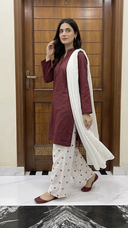 3Pcs Women's Stitched Cotton Lawn Block Printed Suit Viral Heart Printed with Lace