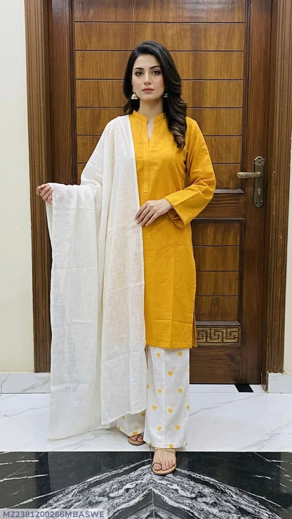 3Pcs Women's Stitched Cotton Lawn Block Printed Suit Viral Heart Printed with Lace