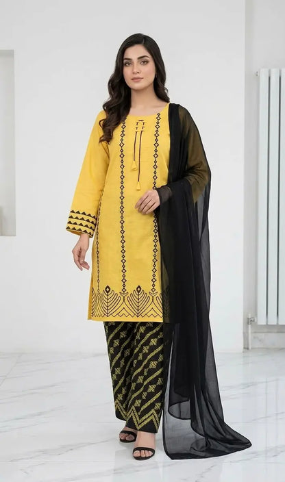 3 Pcs Women's Stitched Cotton Lawn Block Printed Suit with stylish Neck Design