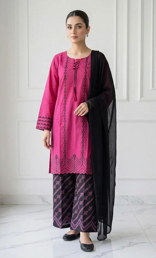 3 Pcs Women's Stitched Cotton Lawn Block Printed Suit with stylish Neck Design