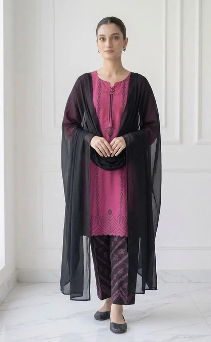 3 Pcs Women's Stitched Cotton Lawn Block Printed Suit with stylish Neck Design