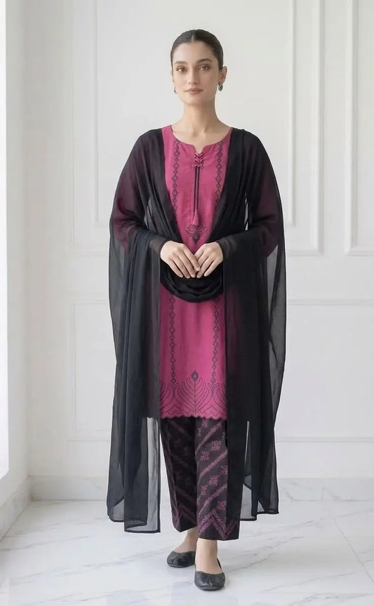 3 Pcs Women's Stitched Cotton Lawn Block Printed Suit with stylish Neck Design