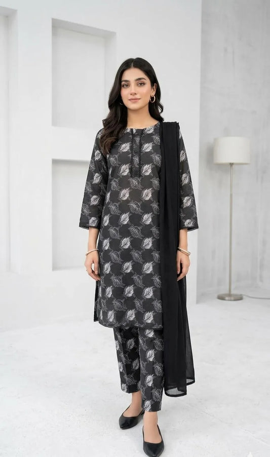 Black Printed Kurta Set with Shawl for Women