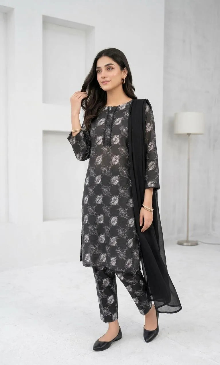 Black Printed Kurta Set with Shawl for Women
