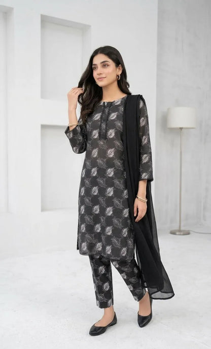 Black Printed Kurta Set with Shawl for Women