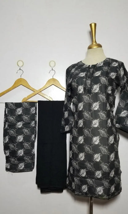 Black Printed Kurta Set with Shawl for Women