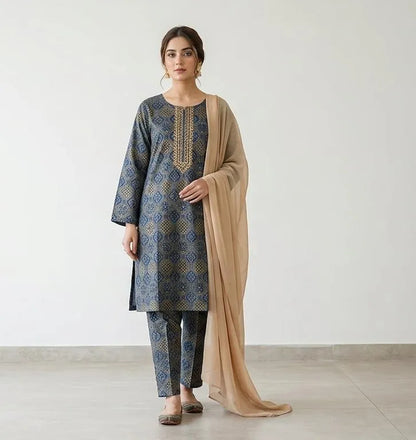Turquoise Printed Linen 3-Piece Women Suit with Chiffon Dupatta