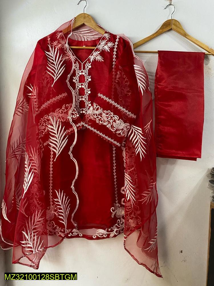 Red Organza 3-Piece Suit for Women with Embroidery