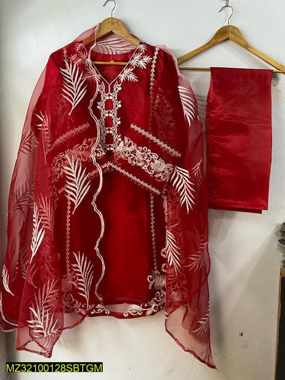 Red Organza 3-Piece Suit for Women with Embroidery