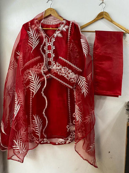 Red Organza 3-Piece Suit for Women with Embroidery