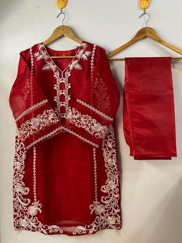 Red Organza 3-Piece Suit for Women with Embroidery
