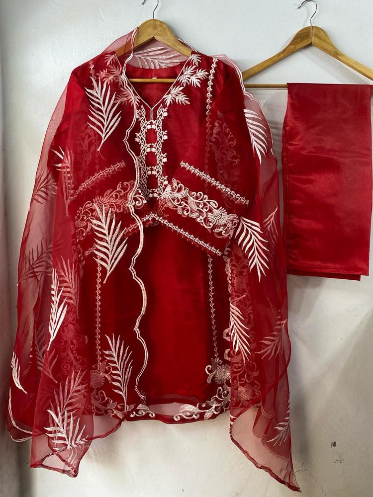 Red Organza 3-Piece Suit for Women with Embroidery