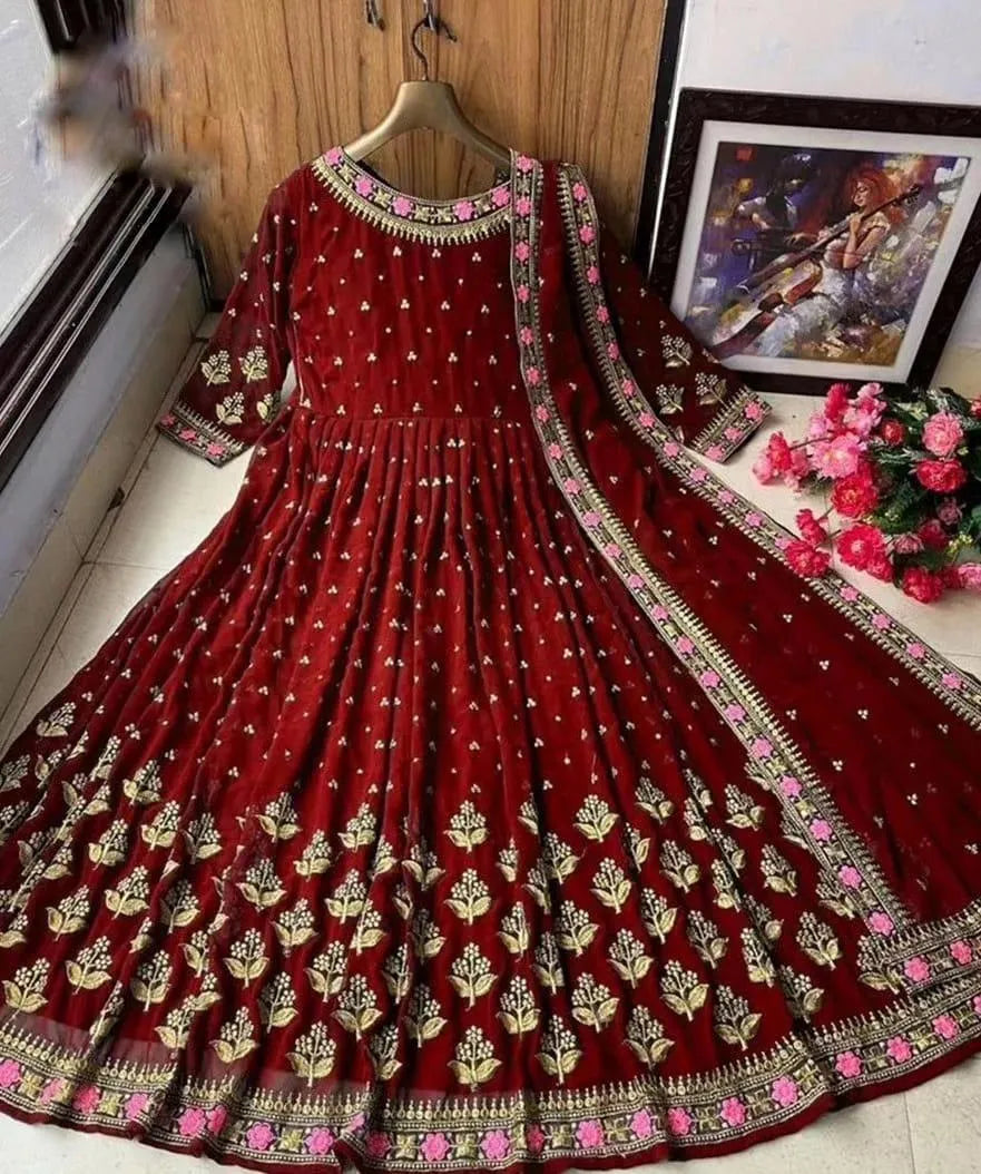 Maroon Embroidered Maxi Dress with Chiffon Dupatta