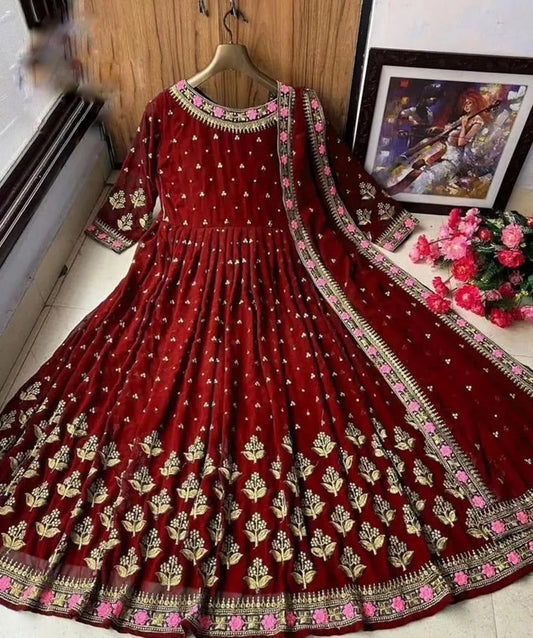 Maroon Embroidered Maxi Dress with Chiffon Dupatta